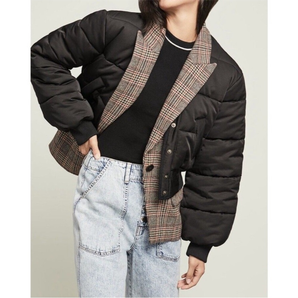 $648 Veronica Beard Larkin Puffer Dickey Jacket Plaid Layered blazerCoat Black 2